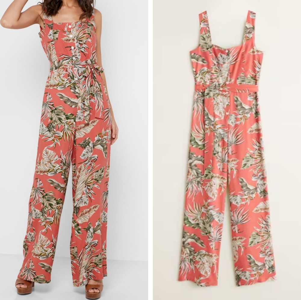 Mango Tropical Print Jumpsuit Women's Size M Red Terracotta Calming
